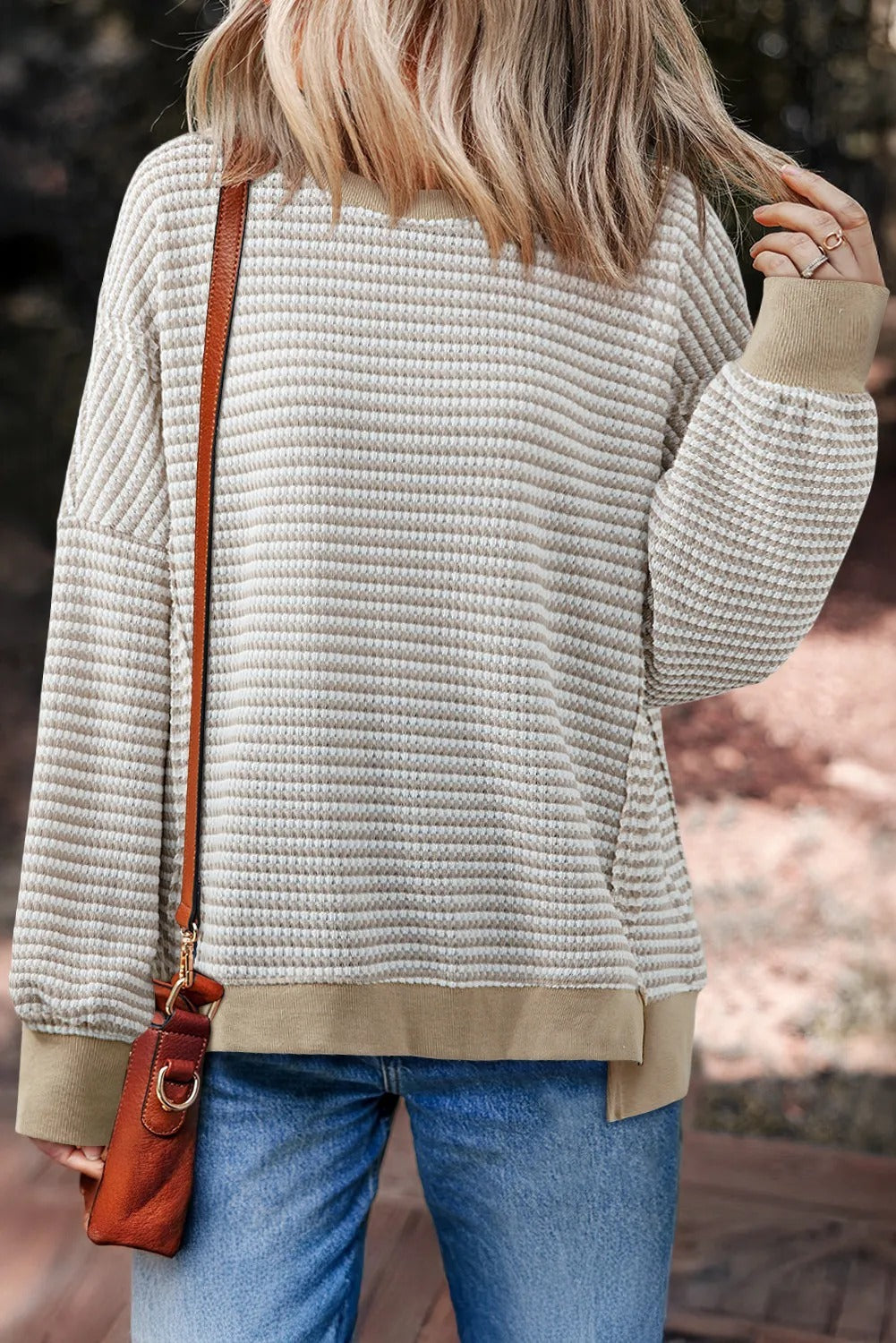 Brown Stripe Ribbed Trim Drop Shoulder Long Sleeve Oversize Top