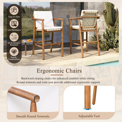 3 Piece Outdoor Bar Set, Patio Acacia Wood Bar Height Table & 2 Stools With Cushions, Wood Dining Bar Set For Backyard, Poolside, Balcony, Beige Cushions