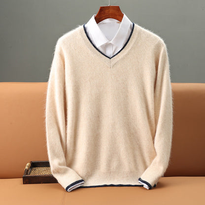Warm Knitted Wool Sweater With A V-neck And Pullover Design