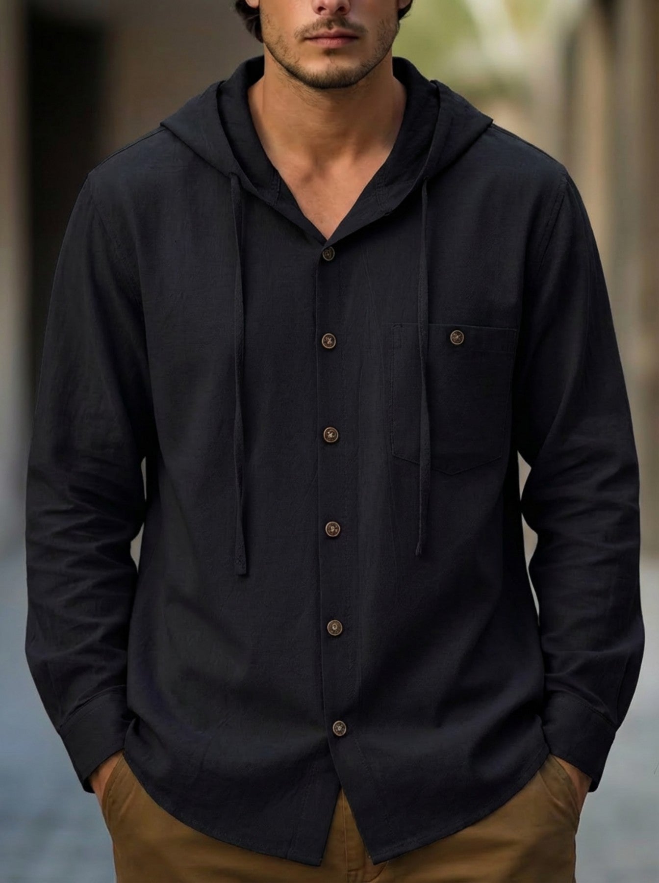 Men's Cotton-Linen Hooded-Pocket Casual Beach Long-Sleeve Shirt