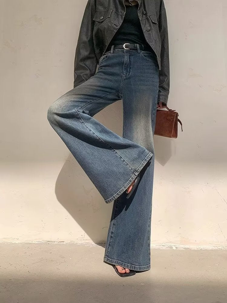 Retro Washed Blue Women's Micro-pull Mop Jeans