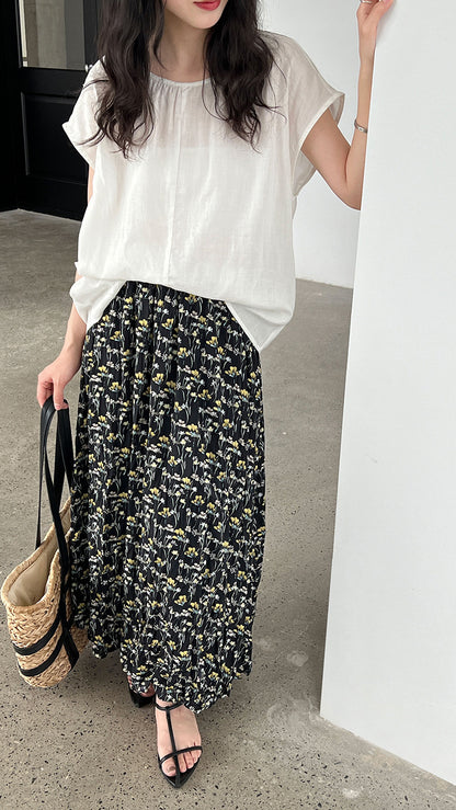 Vintage Floral Women's Summer Loose Pleated High Waist Drooping A- Line Umbrella Skirt