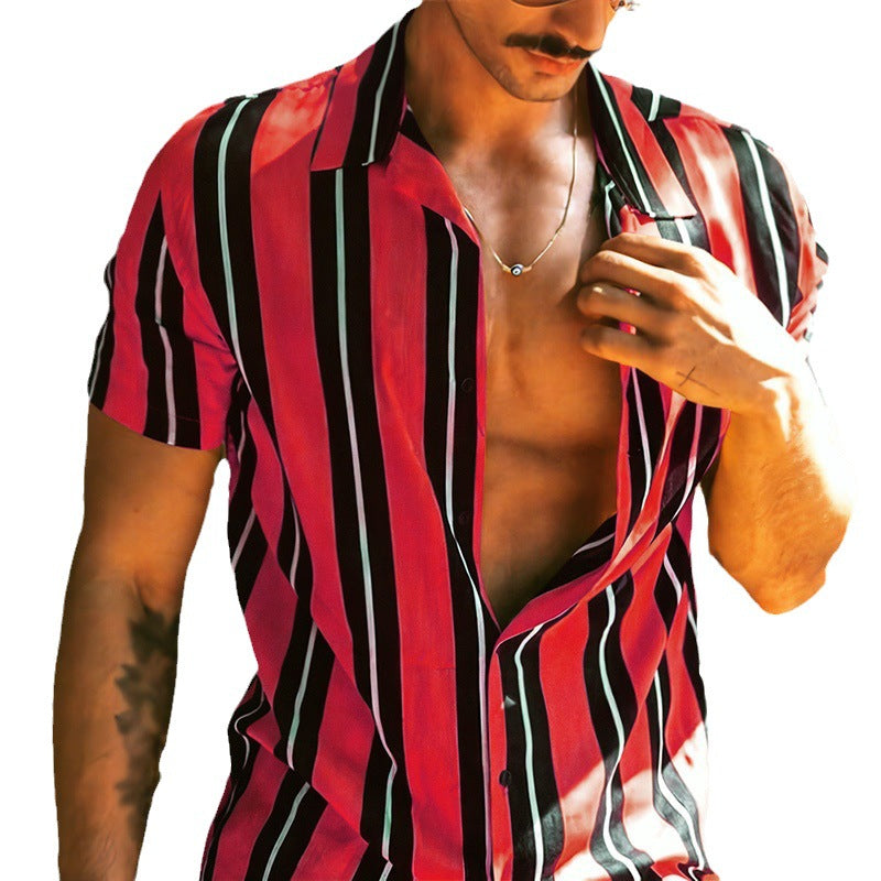Printed Hawaiian Style Simple Striped Lapel Mens Shirt