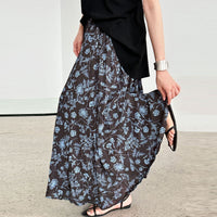Vintage Floral Women's Summer Loose Pleated High Waist Drooping A- Line Umbrella Skirt