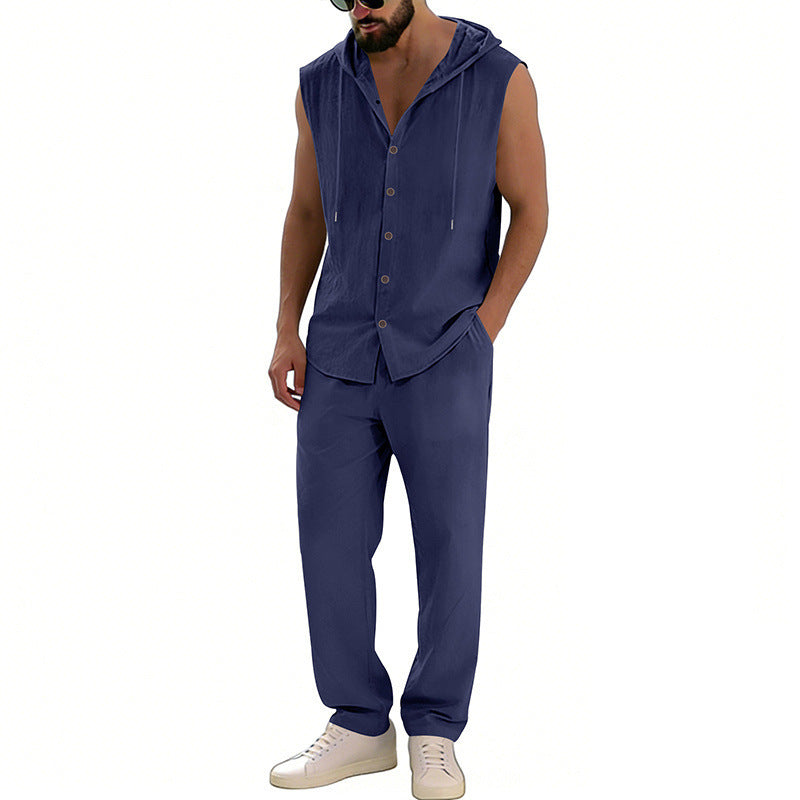 Loose-fitting Casual Hooded Sleeveless Shirt And Pants Set