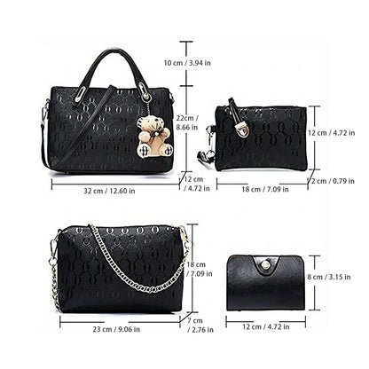 Women 4Pcs Top Handle Satchel Hobo PU Leather Handbag Set Large Tote Purse  Shoulder Bag  Card Holder