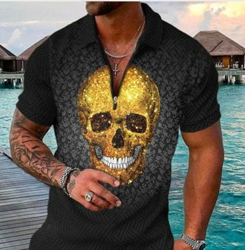 Men's Summer Fashion 3D Printed Short Sleeve Geometric Zip Lapel Shirt Set