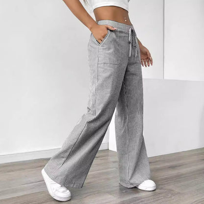 New Striped Trousers With Pockets Casual Versatile Loose Wide Leg Pants Women's Clothing