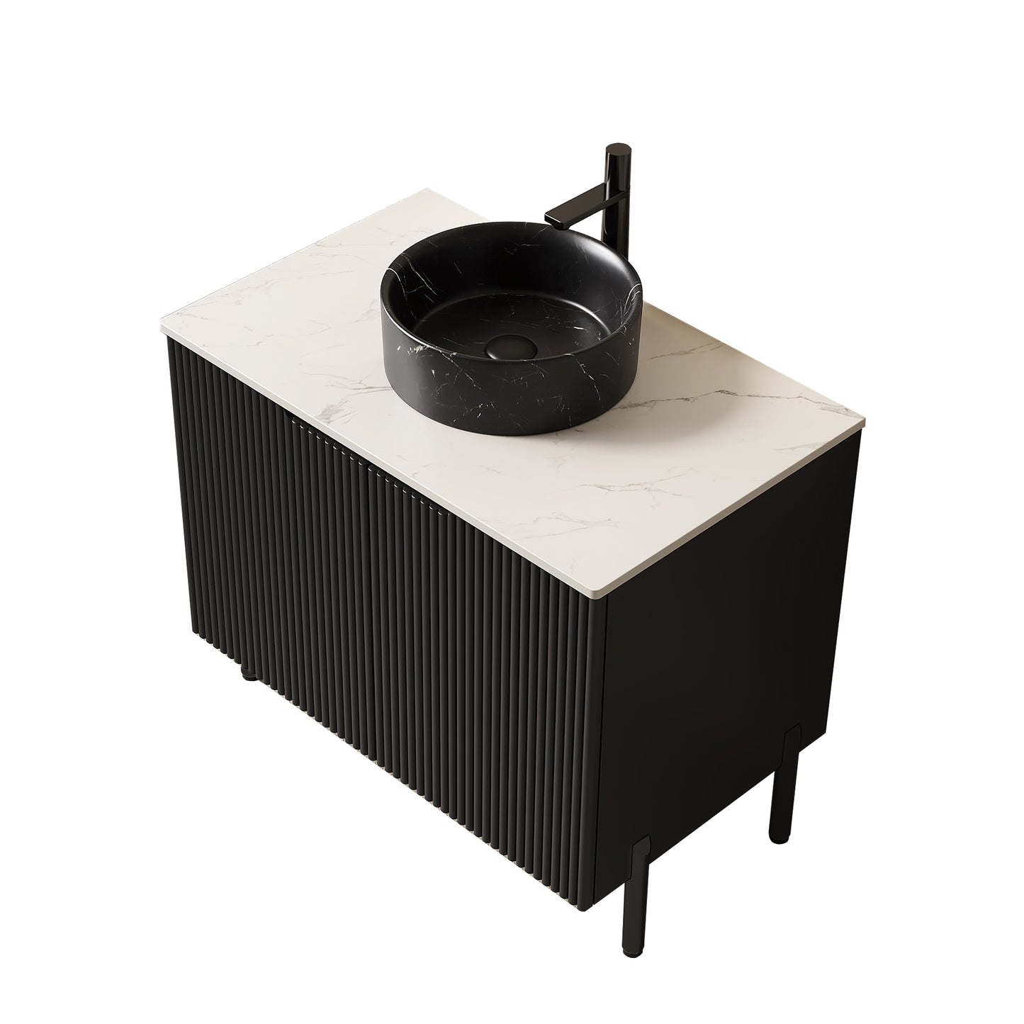 TURIO 24 Bathroom Vanity With Sink, Freestanding Bathroom Storage Cabinet With 2 Doors, Black Round Ceramic Basin With Stone Pattern & Carrara White Sintered Stone Countertop, No Faucet, Black Color