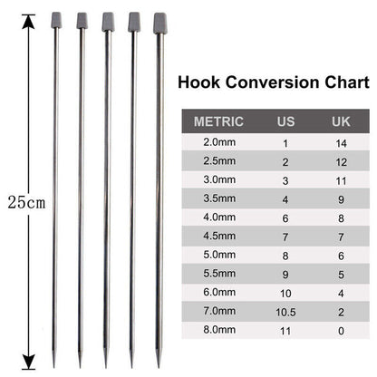 22pcs-11Pairs 25cm Single Pointed Stainless Steel Knitting Needles Set 2mm-8mm