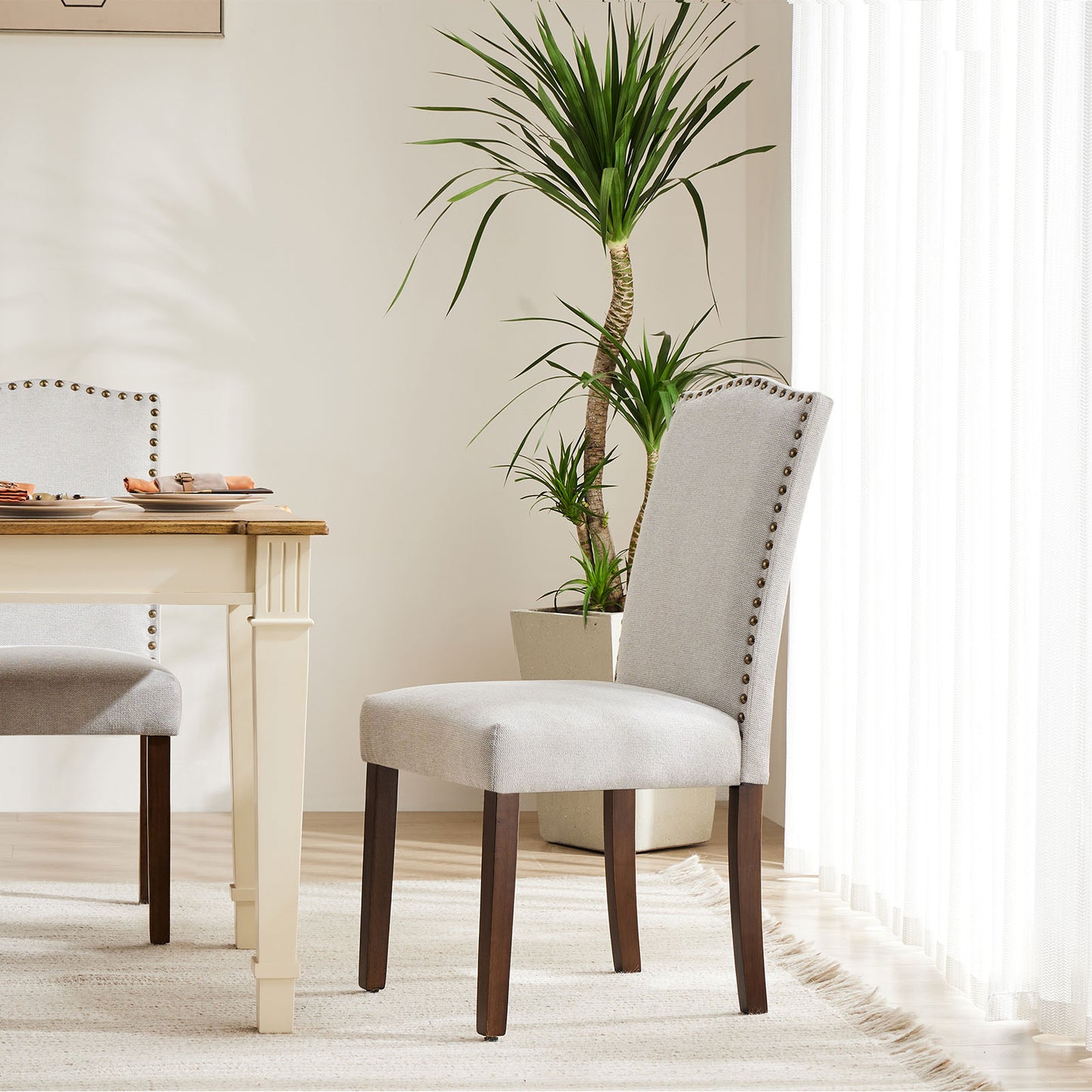 Modern Armless Dining Chairs With Upholstered Fabric,Nailhead Trim And Wood Legs
