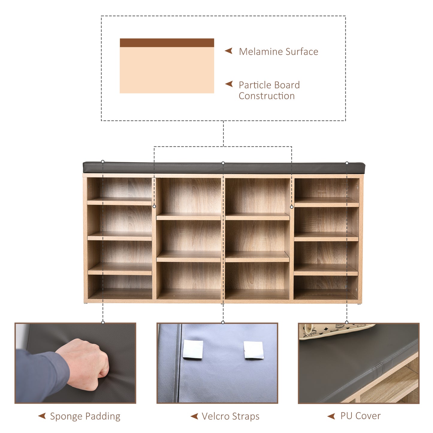 Multi-Storage Shoe Rack W/ 14 Compartments Cushion Moving Shelves Solid Frame Foot Pads Home Office Tidy Organisation Boots Trainers Brown