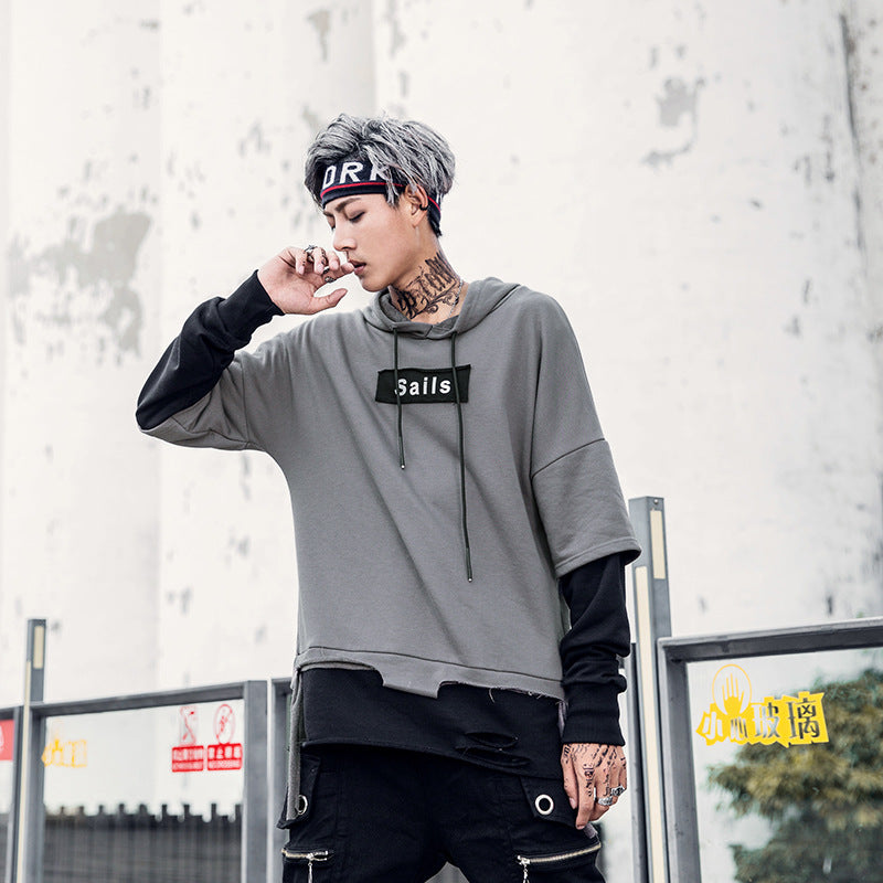 Men's loose fake two long-sleeved hoodies hole cut through hip-hop tide brand men's hurricane print hooded sweater