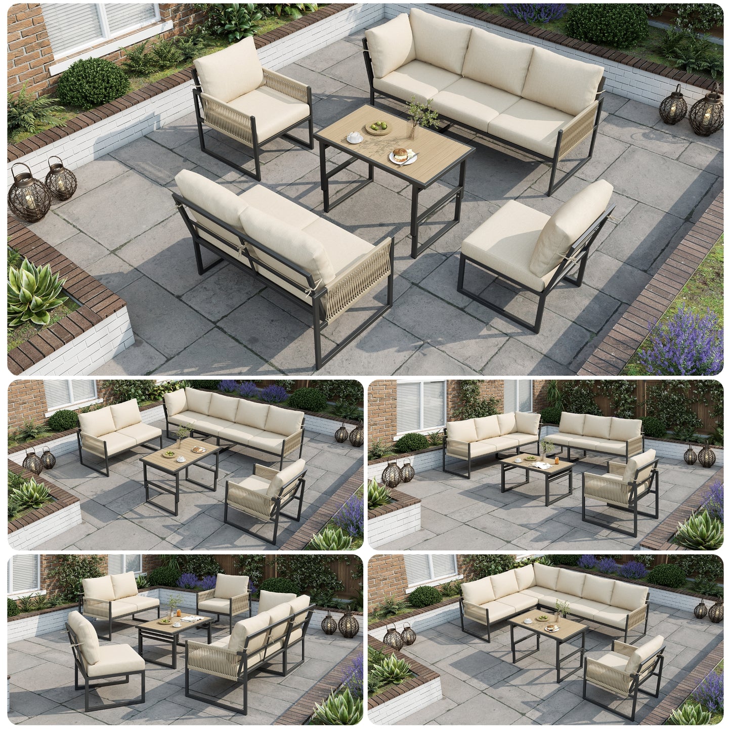 6-7 Seater Garden Furniture Set With Height Adjustable Rising Coffee Table, Corner Sofa With Polyester Rope, Weatherproof Outdoor Patio Dining Lounge Set For Balcony And Terrace, Beige
