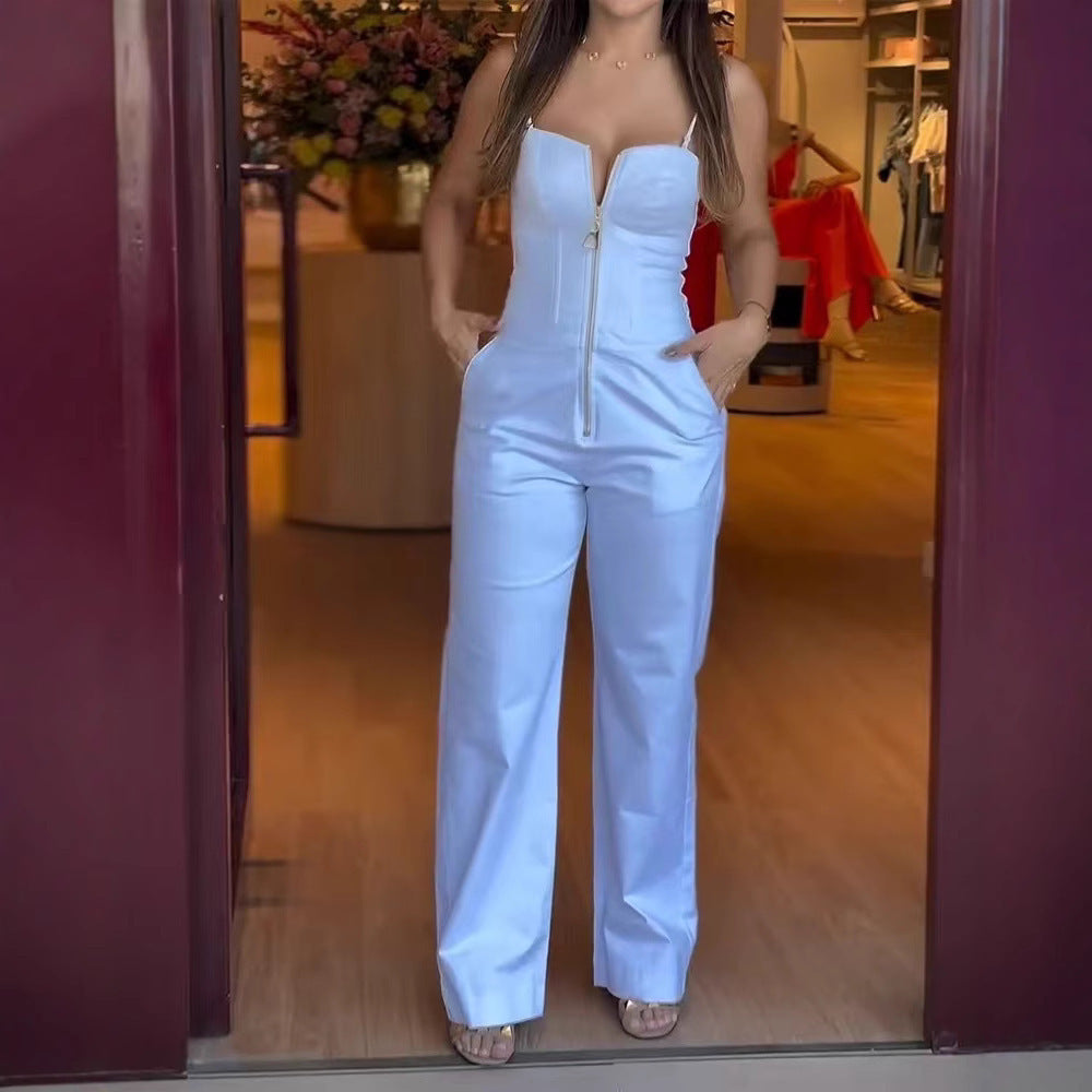 Summer Solid Color Sling Slim-fit Pocket Jumpsuit