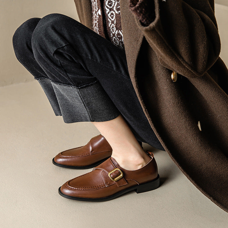 Casual Simple Round Head Belt Buckle Women's Leather Shoes