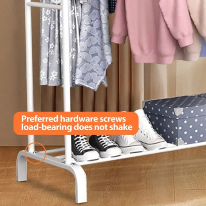 Multifunctional Coat  Clothing Double Rod Hanger With Shelf Freestanding White