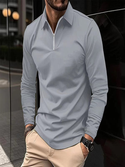 Zipper Men's Solid Color Long Sleeve Sports Polo Shirt