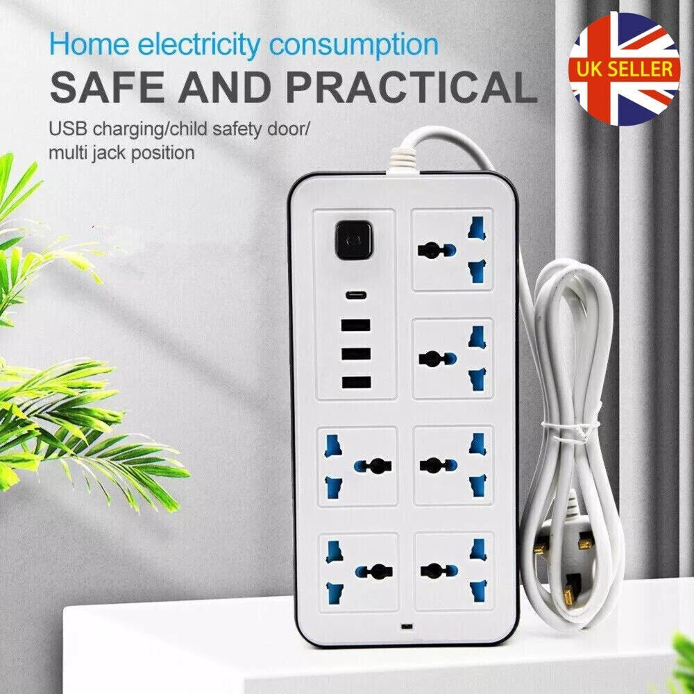 Extension Lead Cable Electric Mains Power 6 Gang Way 4 USB  Plug Socket