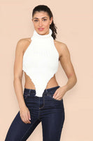 High Neck Roll Knitted Backless Front Cropped Top