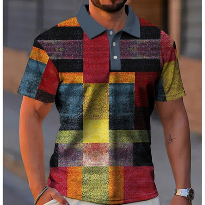 Men's Button Polo Shirt Plaid Lapel Printed Short Sleeve