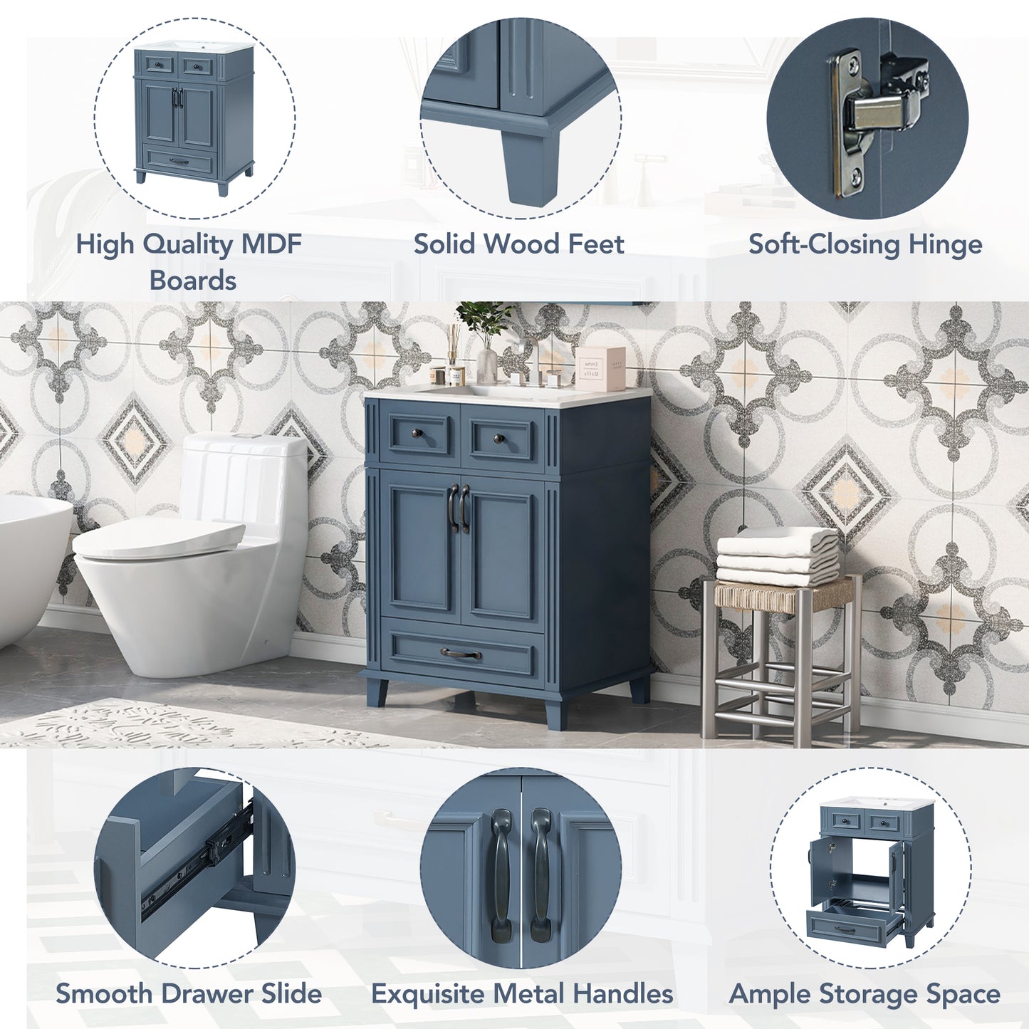24'' Bathroom Vanity With Ceramic Sink,Solid Wood Frame Bathroom Storage Cabinet With Soft Closing Doors,Retro Style, Blue