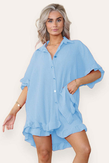 Women Casual Oversized Gold Button Pleated Frilled Ruffle Short Sleeves Shirt Top And Short Co Ord Set