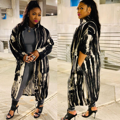 Women's Long Casual Printed Zipper Trench Coat