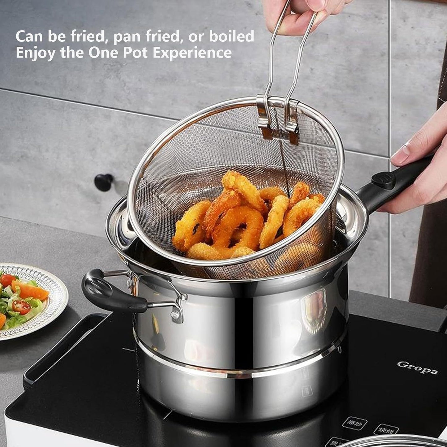 4pcs Non Stick Chip Pan Deep Fat Fryer Cooking Noodle Soup Pot Frying Basket Lid