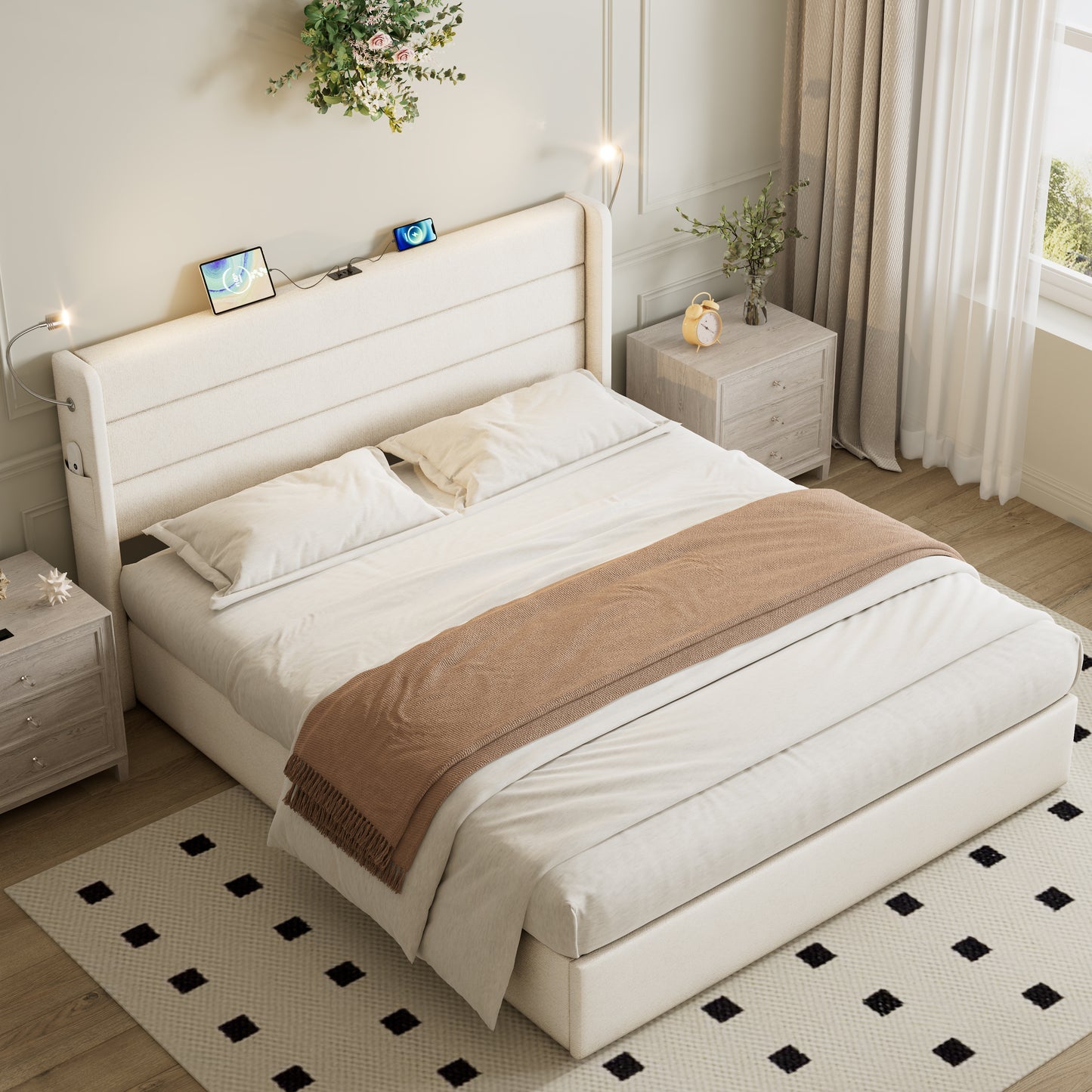 Double Upholstered Bed With Charging Station, Linen Hydraulic Storage Bed With Adjustable LED Reading Light, 4ft6 Double Bed With USB And Type - C Ports, Beige No Mattress