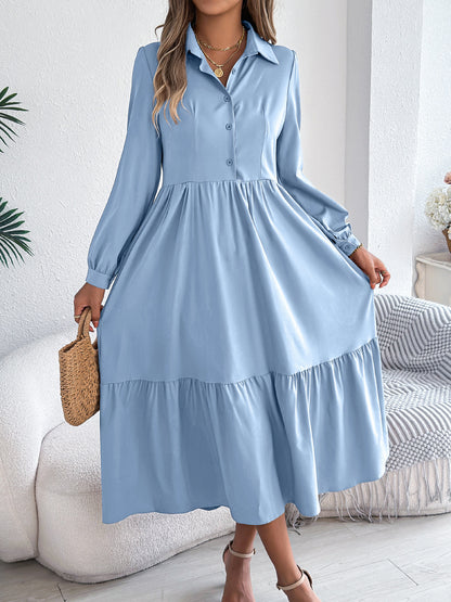 Women's Lapel Casual Loose Long Sleeve Ruffled Shirt Dresses Long Sleeved Turn-down Collar Single-Breasted Dress Spring Autumn Fashion Women's Clothing For Vacation