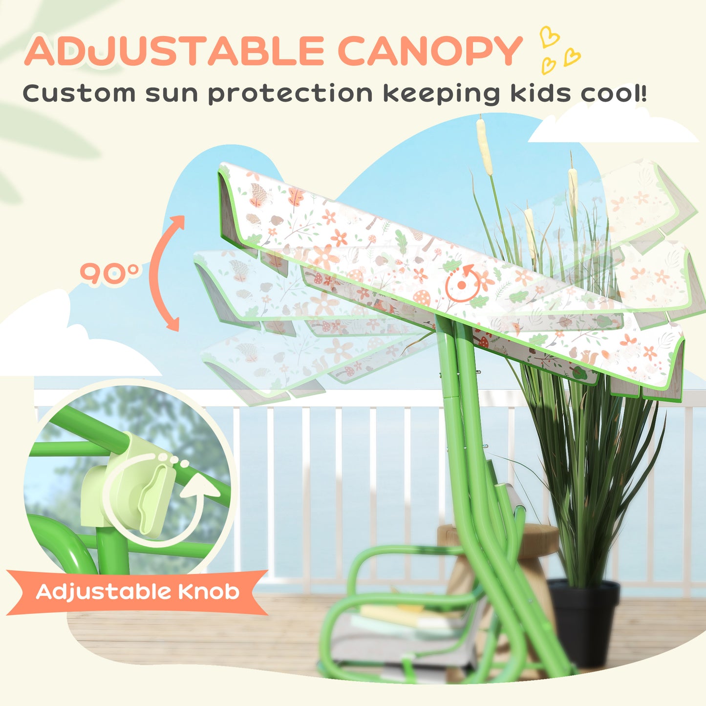 Kids Garden Swing Chair With Adjustable Canopy, Safety Belt, 2 Seater Hammock Swing Bench For Patio, Porch, Green