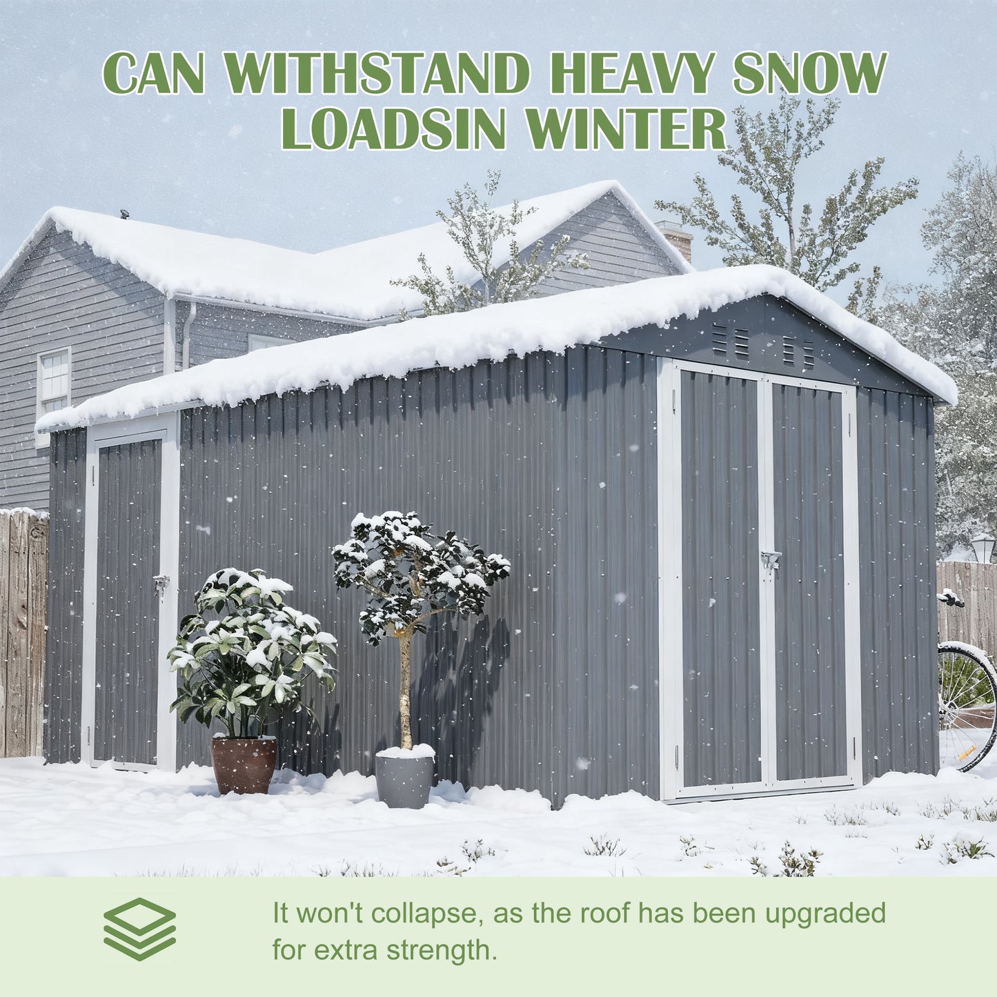 8x12 FT Outdoor Metal Storage Shed With Additional Side Door, Large Tool Shed With 2 Lockable Doors For Easy Access, Aluminum Frame, Grey Garden Patio Storage