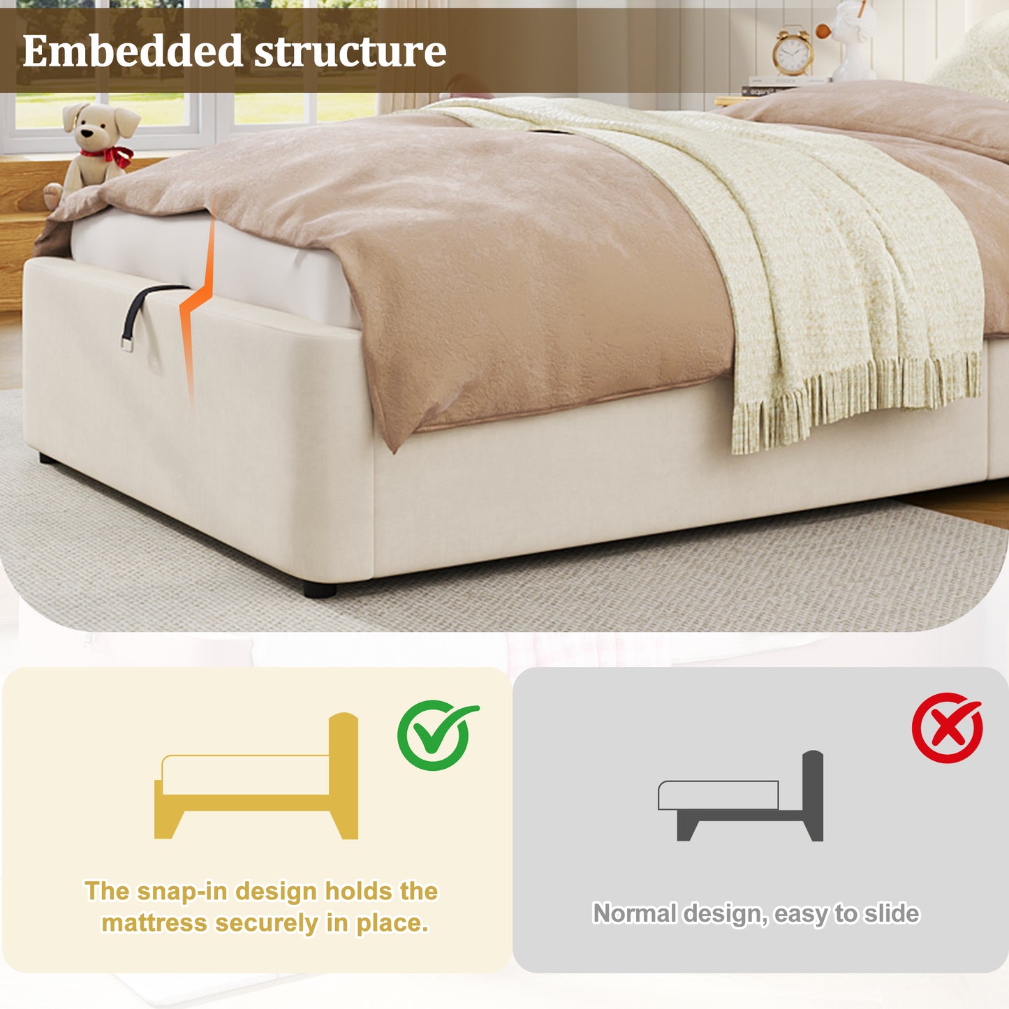 Upholstered Bed, Single Bed, Children's Bed, 3ft-90 X 190cm, Hydraulic Bed, Bed With Headboard And Large Storage Space, Upholstered Headboard, Velvet, Beige
