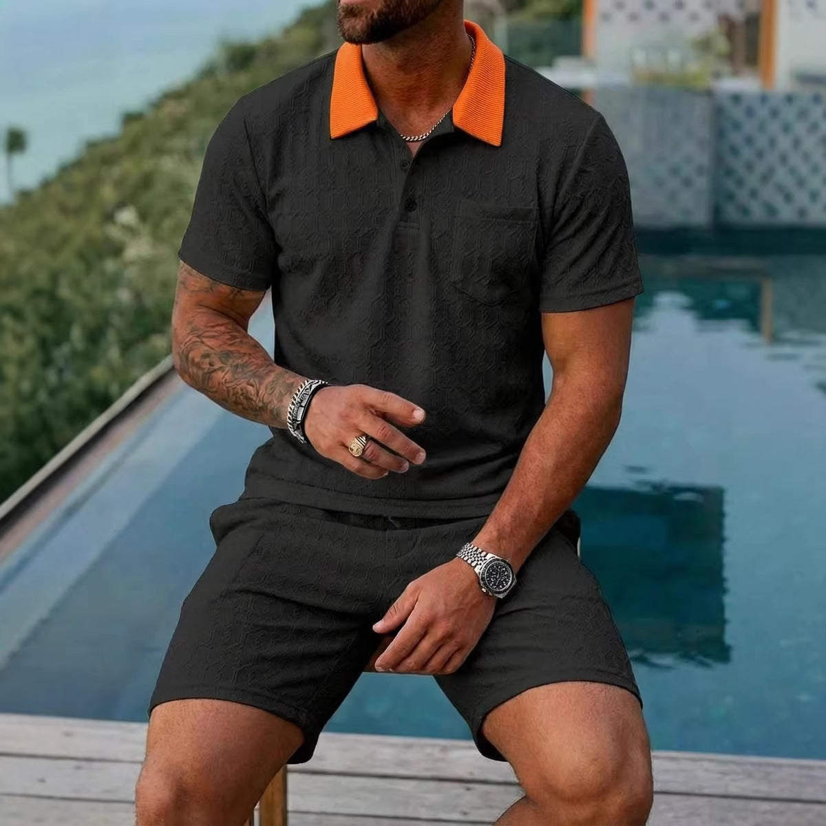 Mens Fashionable Breathable Color-Block Pocket Short-Sleeve Set