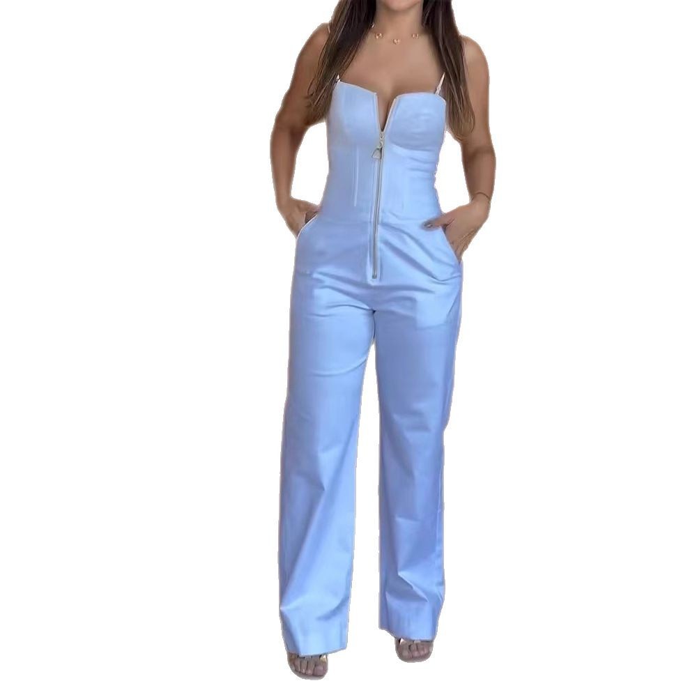 Summer Solid Color Sling Slim-fit Pocket Jumpsuit