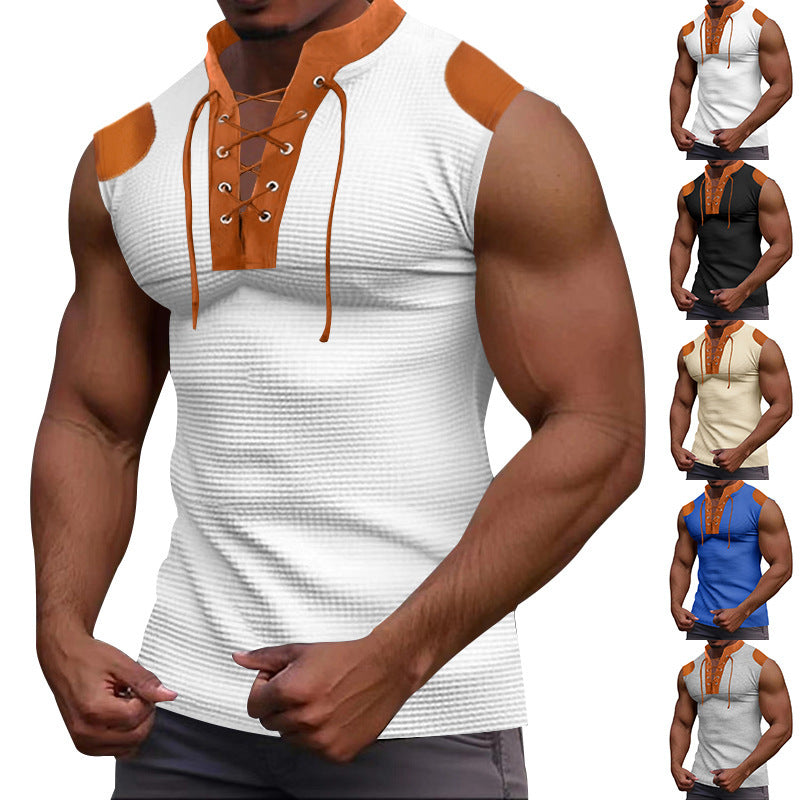 Casual Multicolor Lace-up V-neck Sleeveless T-shirt