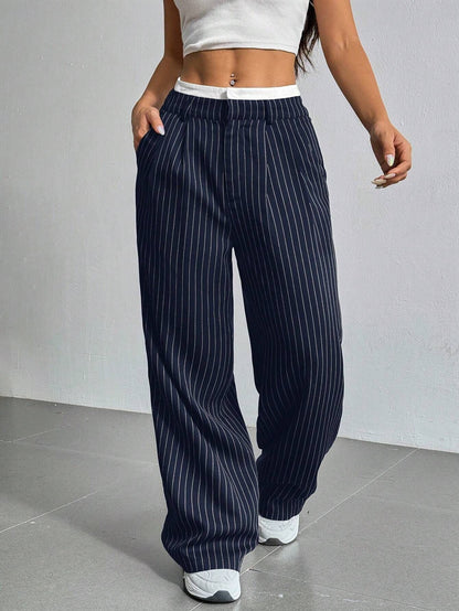 Stripe Printed Trousers Fashion High Waist Straight Leg Pants With Pocket Zipper Casual Suit Pants For Women