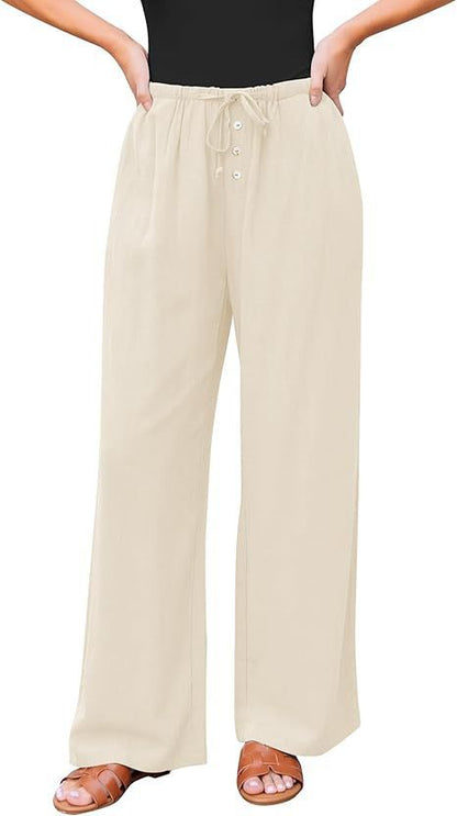 High Waist Button Drawstring Loose Casual Summer Wide-leg Pants With Pockets
