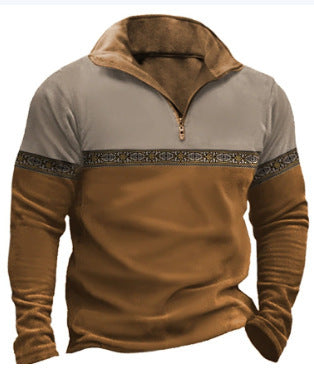 Retro Patchwork Polo Shirt Zipper Sweater Daily Outdoor Casual Top