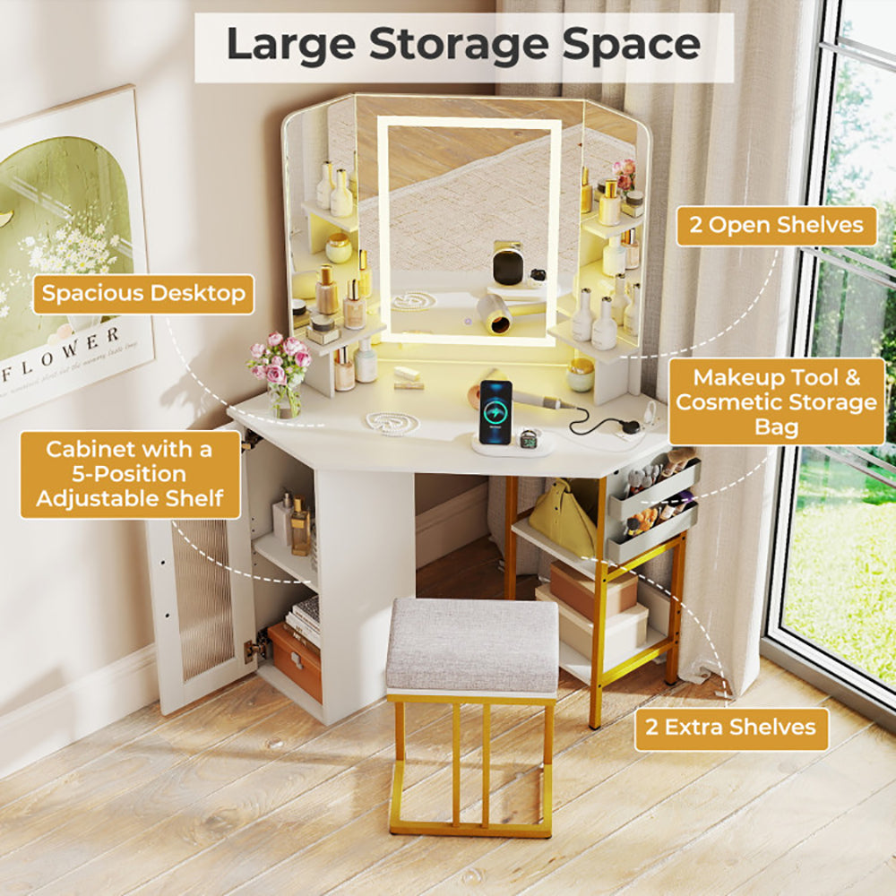 Corner Vanity Desk With Mirror And Lights Makeup Dressing Table With Triple Mirror