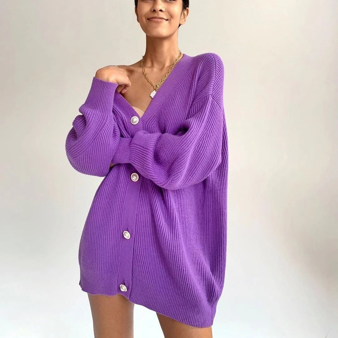 Solid Color Casual Cardigan Loose Knitted Breasted Cardigan
