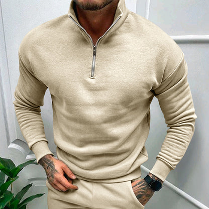 Solid Color Zipper Sweatshirt Men's Autumn And Winter Fleece-lined Long Sleeve Tops