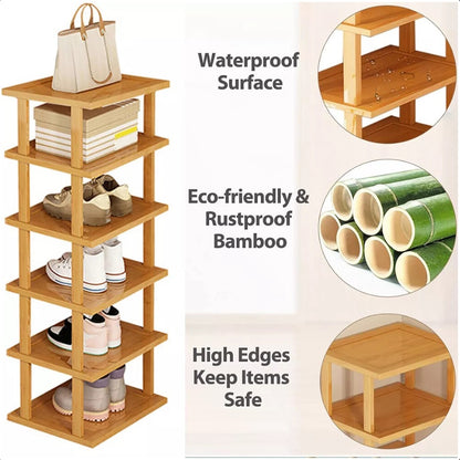6-Tier Bamboo Shoe Rack - Vertical Space Saving Shoe Organizer Corner Shelf UK