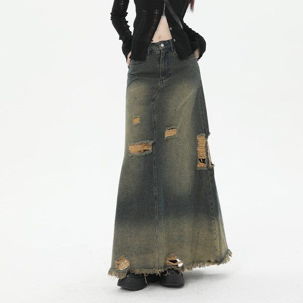 High Waist Loose And Slimming Long Skirt Ripped Denim Skirt