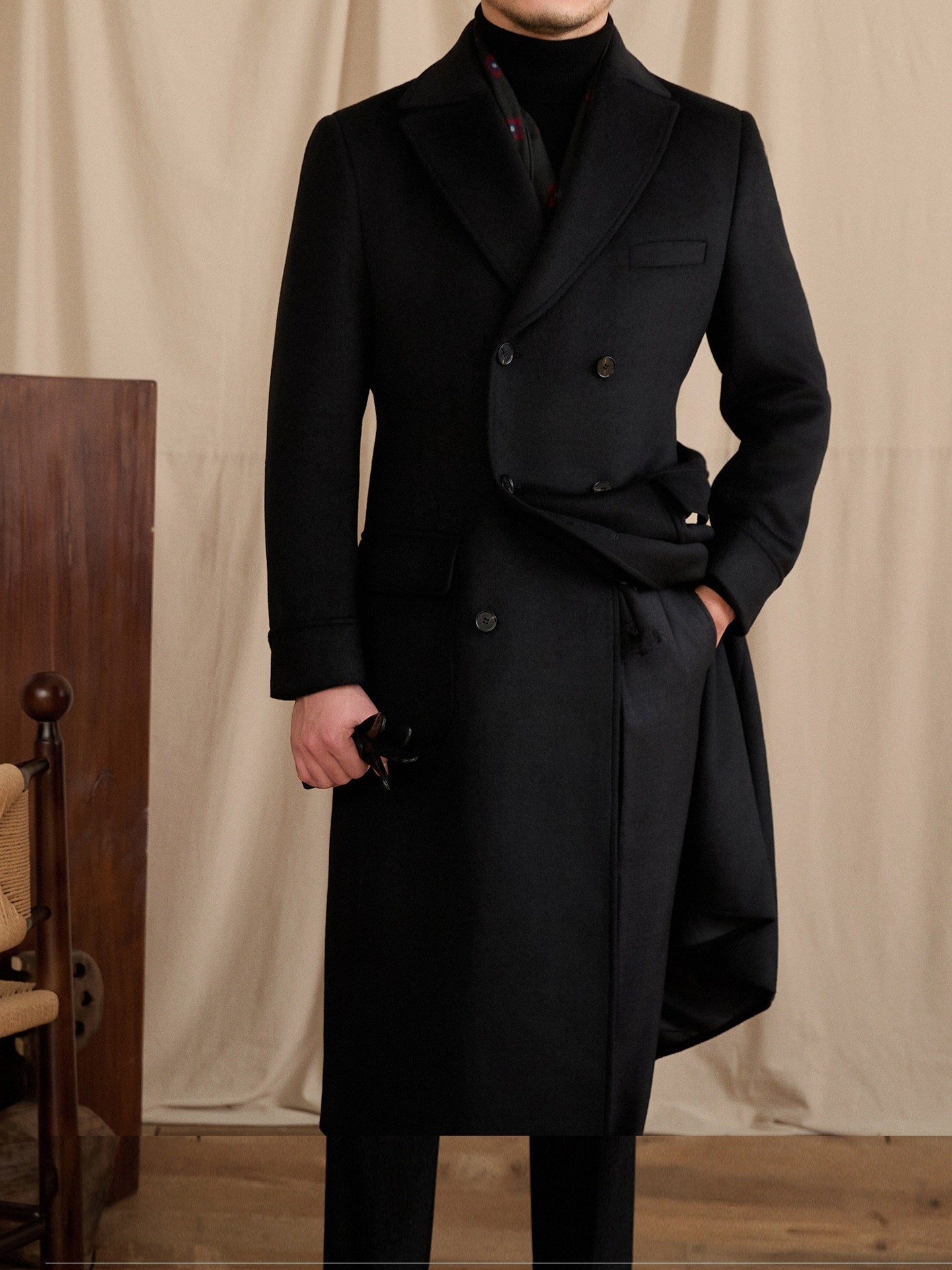 Mens Warm, Knee-Length, Retro, Slim-Fit, Thick Coat