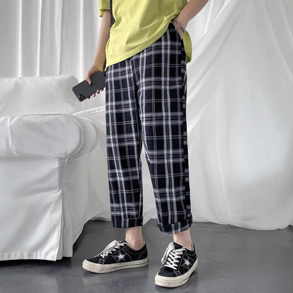 Men's Summer Loose Plaid Leisure Cargo Straight-leg Ankle-length Pants