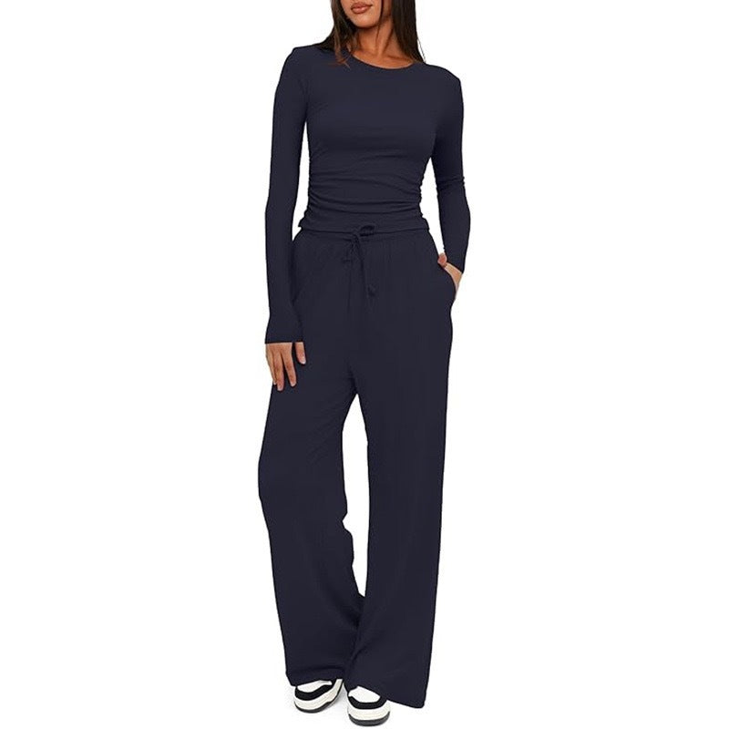 2 Pieces Women's Suit Autumn Winte Long Sleeve Tops High Waisted Wide Leg Pants Sportswear Female Clothes Solid Color Casual Suit
