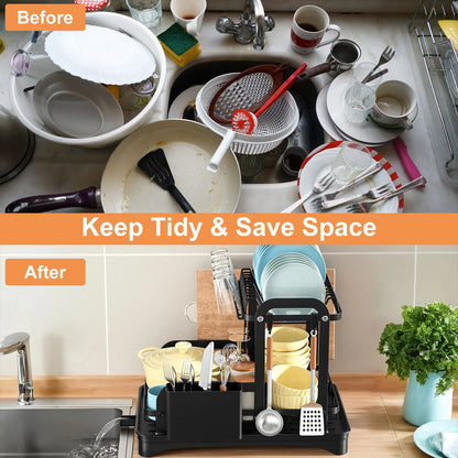 1Pc  2-Tier Dish Drying Rack For Kitchen Counter Space Saving Rustproof Dish Rack With Drainboard Detachable Kitchen Drainer Organizer Set With Utensil Holder Bowl Rack Dish Rack Chopping Board Rack