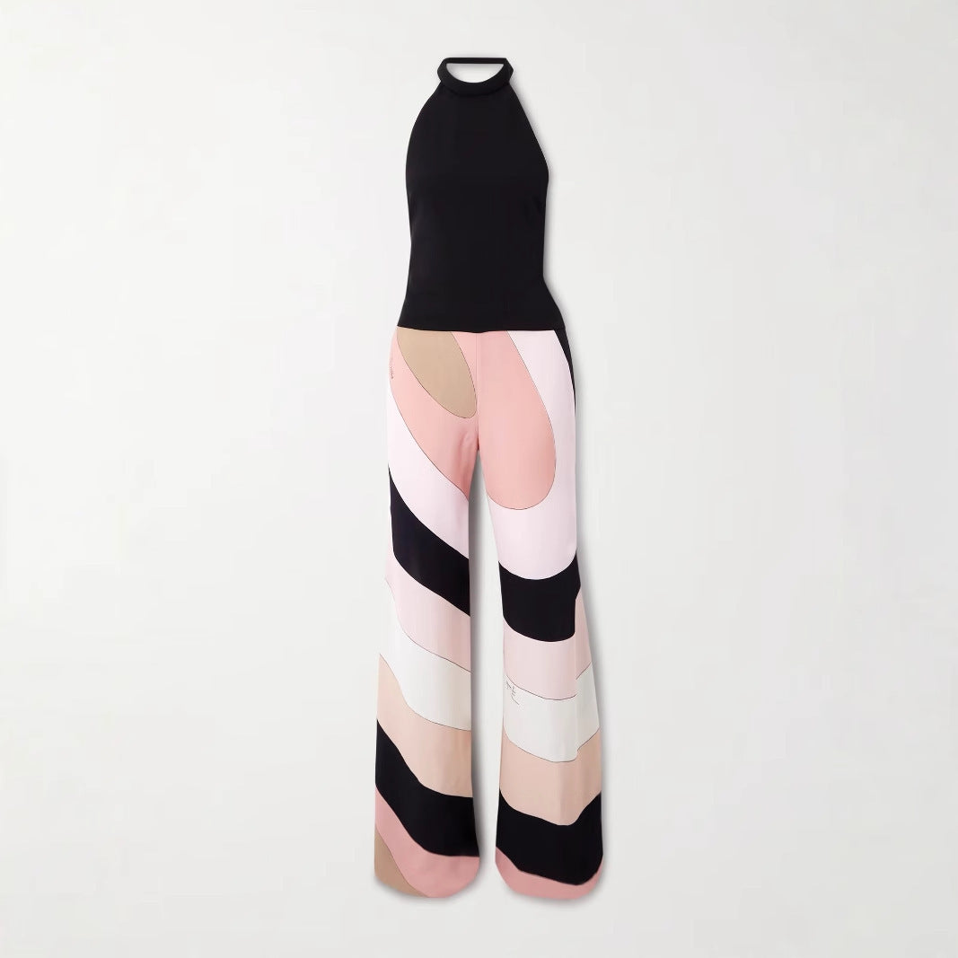 European And American Summer Sexy Slim Fit Backless Printed One-piece Trousers